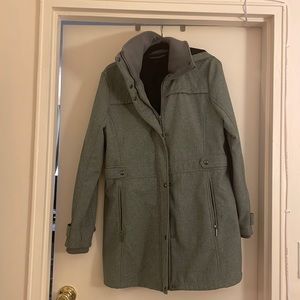 Large gray weatherproof hooded jacket